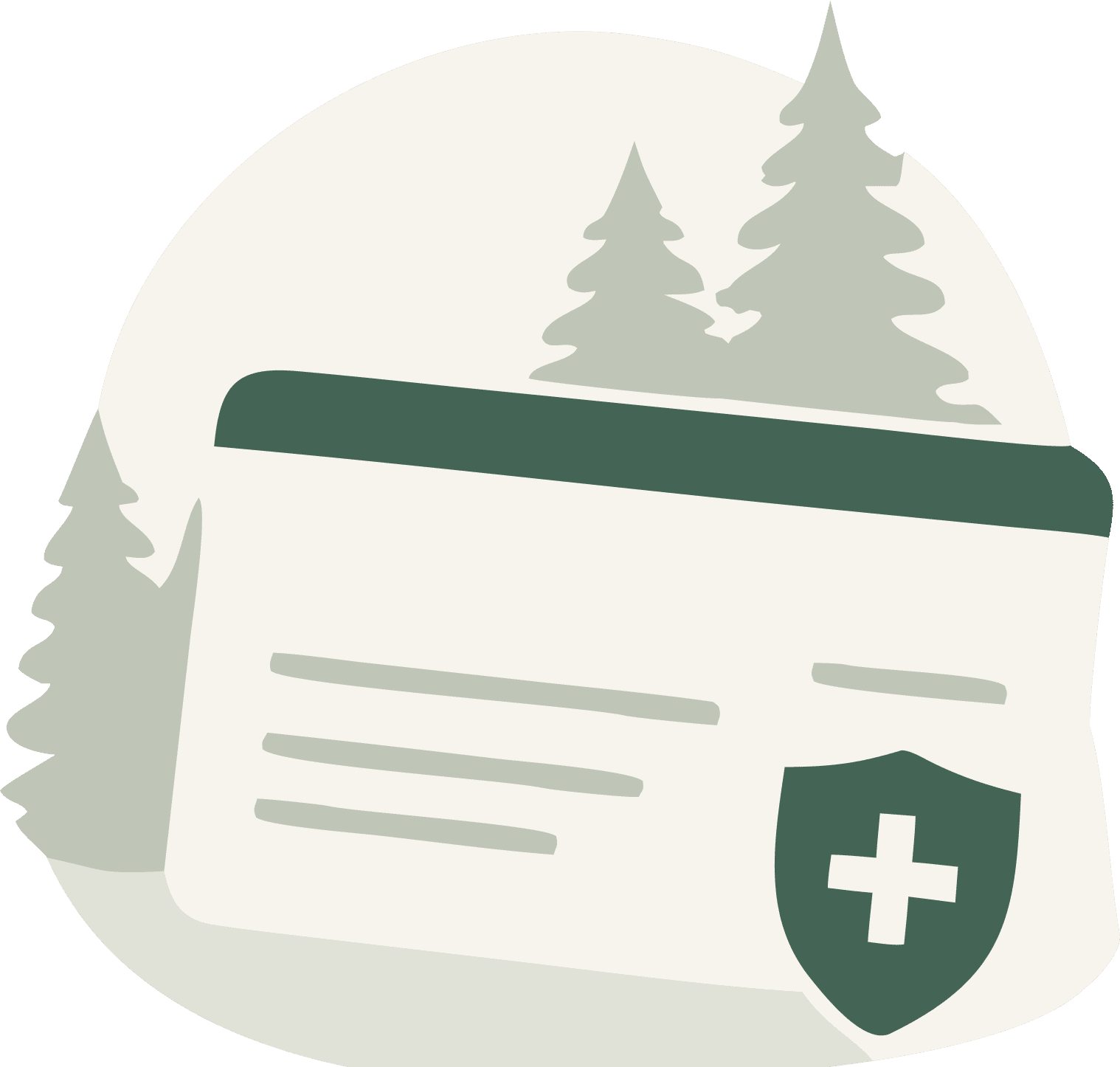 White background with a card featuring a green shield and trees in the background