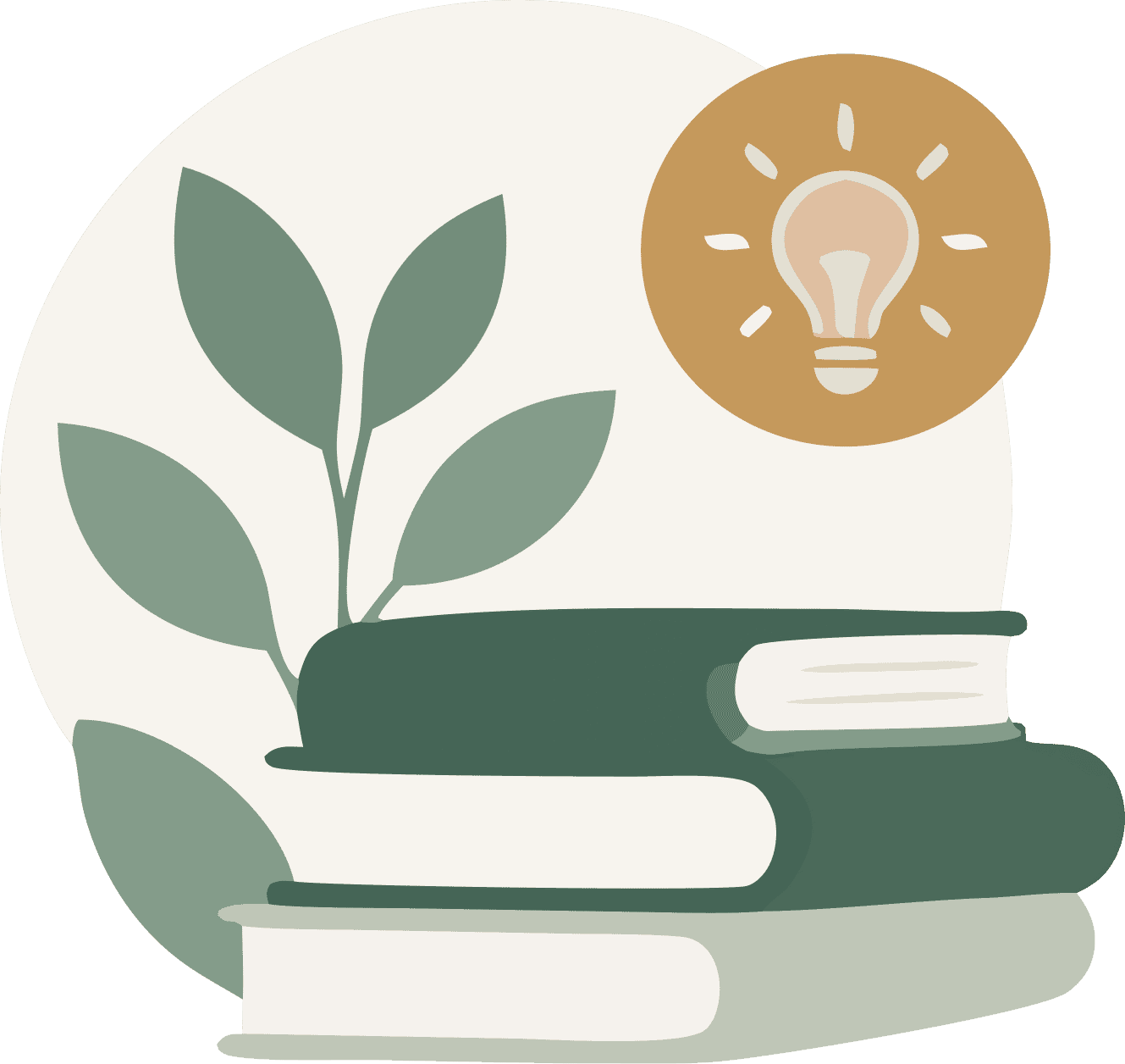 Stack of books with a plant growing out of it and a light bulb above it